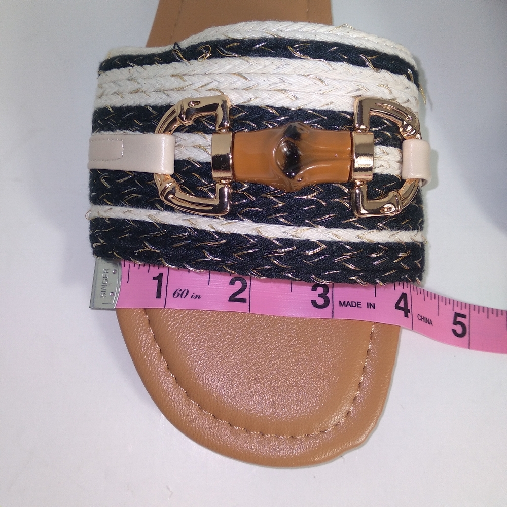 Beige and Black Band W/Bamboo Design Slide Sandals - Picture 3 of 7